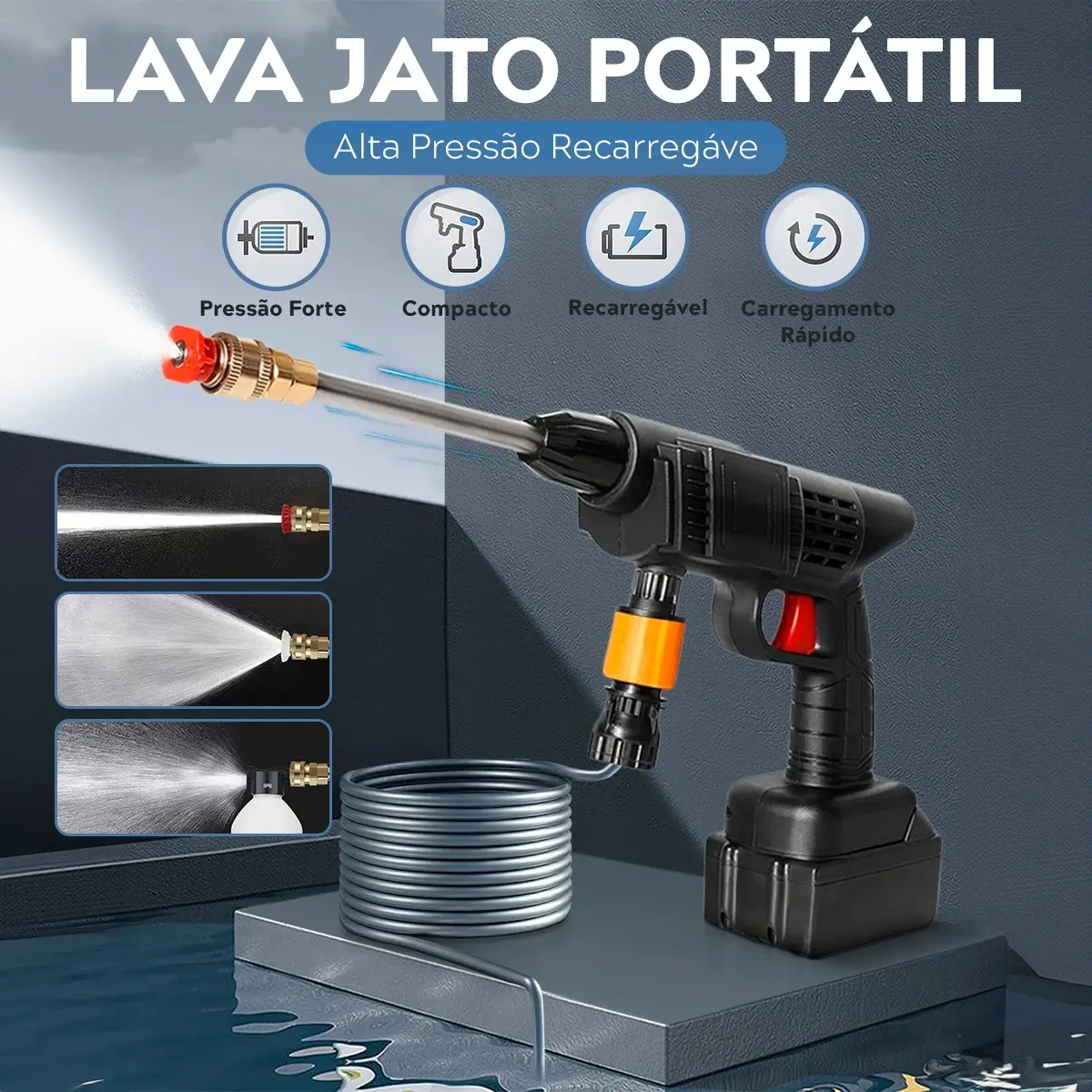 Detalhe do bico extensor e acessórios de limpeza para lavadora portátil