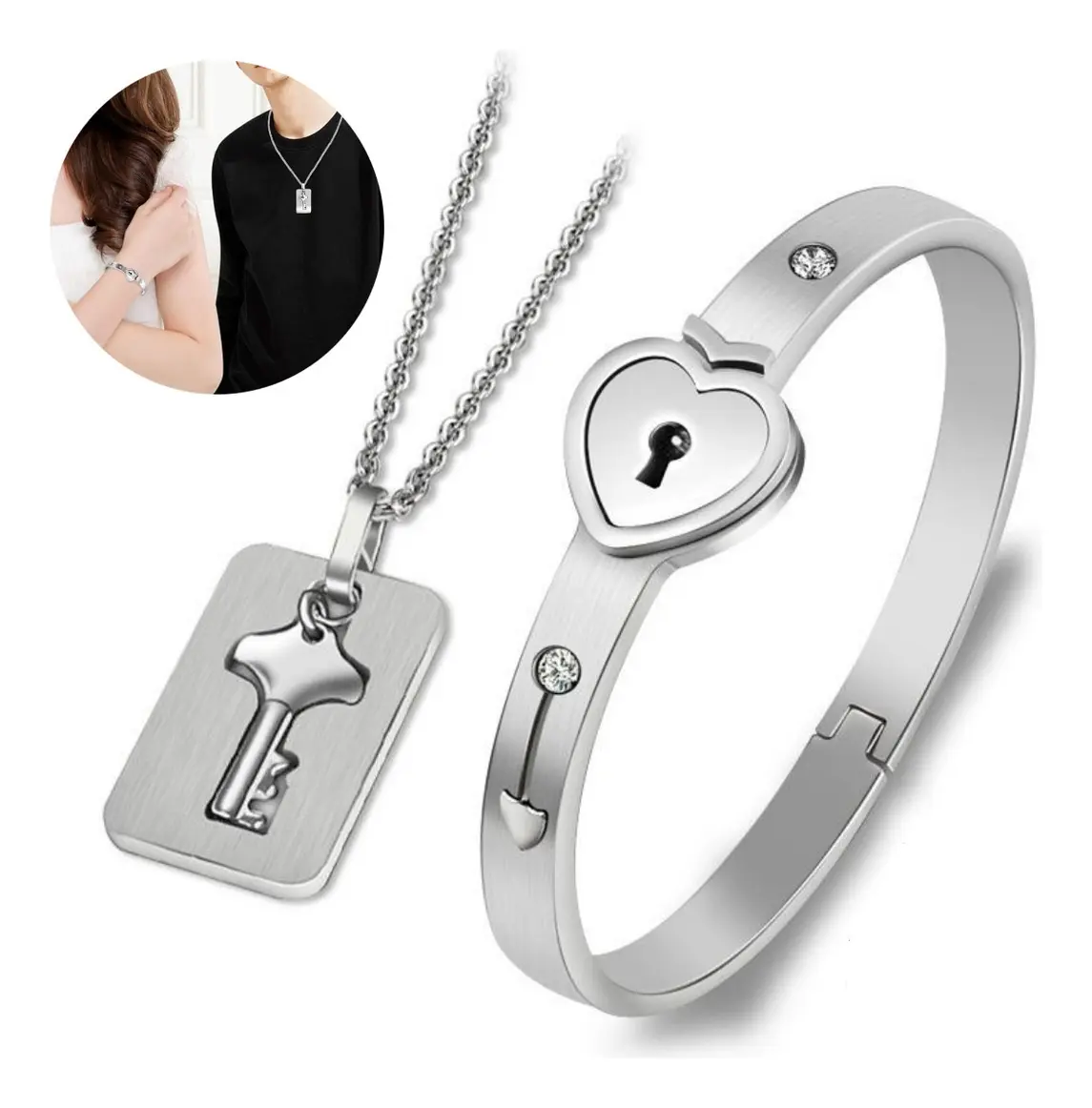 L Pulsera Brazalete Pareja Con Llave Corazón Acero