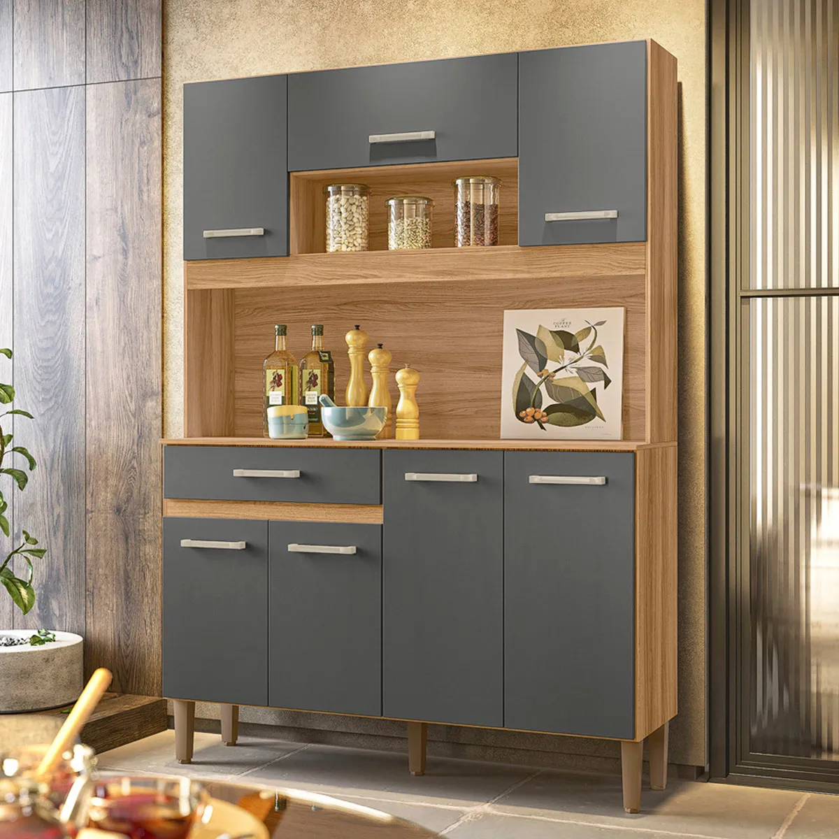 Armario Cozinha 7 Portas E 1 Gaveta Magazine 120 Cor Freijo/chumbo