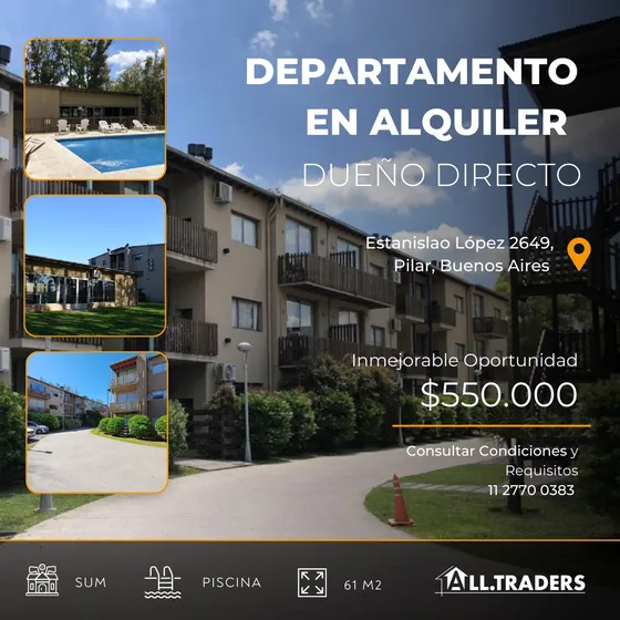 Alquiler Departamento 2 Ambientes Con Cochera, Jardín Y Piscina En Complejo Cerrado, Pilar. Verdi 57. 