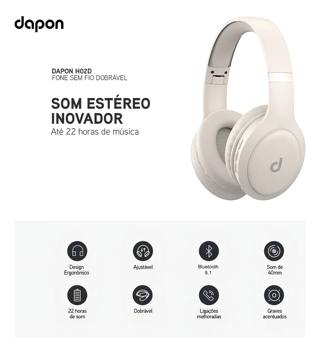 Fone De Ouvido Headphone Dapon H02d Bluetooth 5.1 Over-ear 22 Horas De Bateria