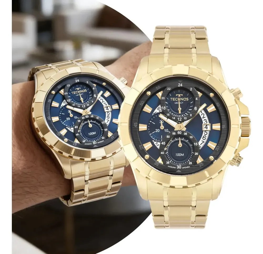 Relógio Technos Masculino Legacy JS15EMS/4A Dourado Cor do fundo Azul com Caixa 
