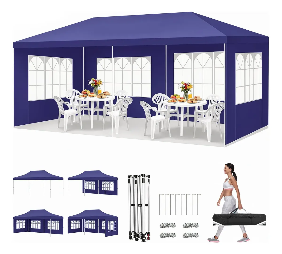 Tenda Gazebo 3x6m Articulada Sanfonada Com Removível Lateral Azul