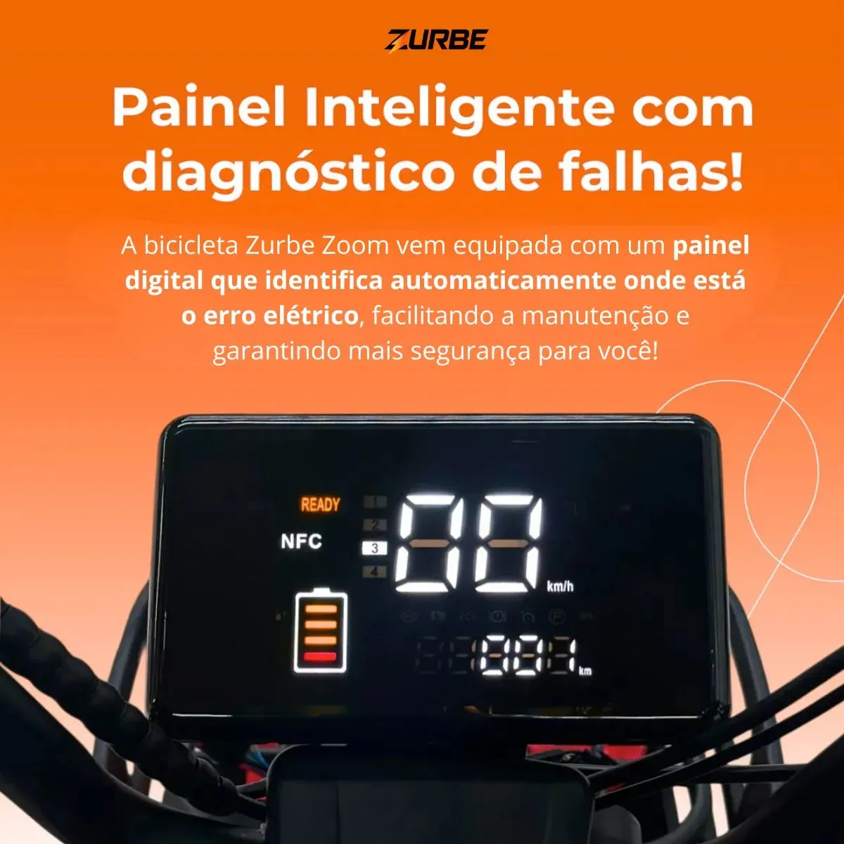 Painel digital inteligente da scooter Zurbe Zoom com diagnóstico de falhas e tela LCD
