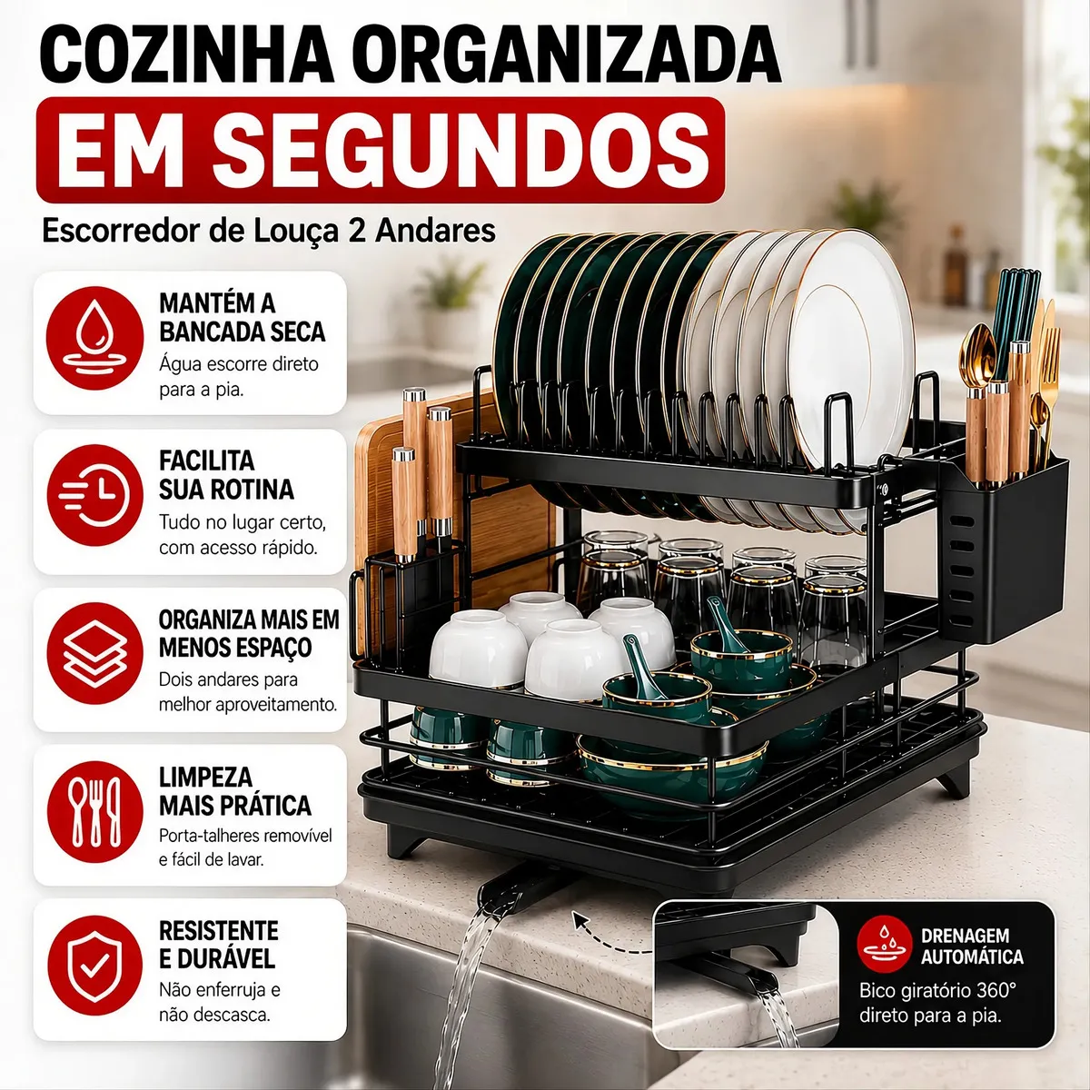Escorredor De Louça Inoxidável 2 Andares Drenagem Automática Bandeja Grande 360o Organizador Pia Com Porta Talheres Tigelas Pratos — foto 3