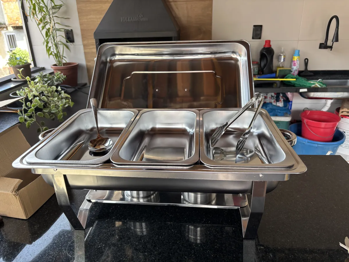 Rechaud Retangular 11 Litros Com 3 Cubas 1/3 Banho Maria E Fogão...