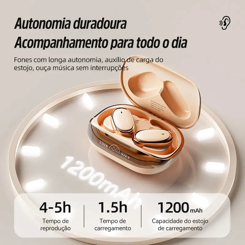 Fones De Ouvido Inova Bluetooth 6.0 Esportivo Gancho Open-ear OWS Com display nível bateria LED Chamadas em alta definição e Botão toque inteligente Rosa