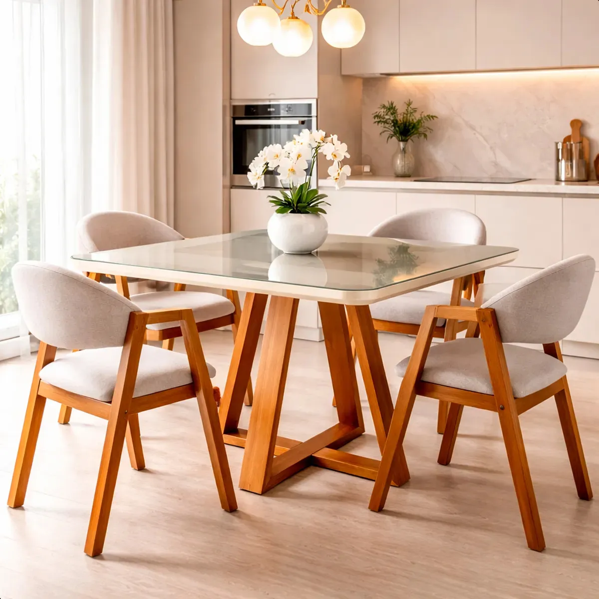 Mesa De Jantar Petra 4 Lugares Quadrada Madeira 90cm Off White Marrom-claro
