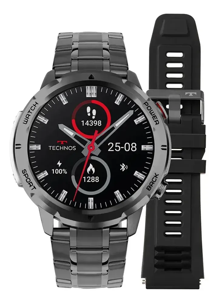 Smartwatch Technos Connect Sports Call Masculino com Pulseiras de Aço e Silicone e Resistência à Água 5 ATM