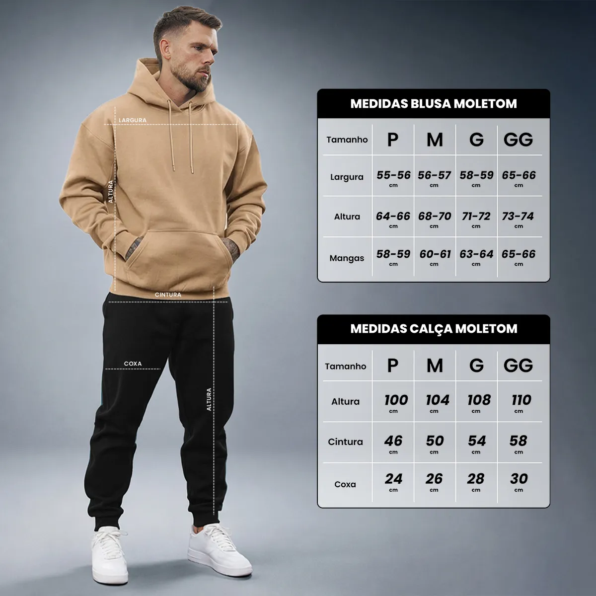Tabela de medidas do conjunto de moletom masculino detalhando tamanhos da blusa e da calça