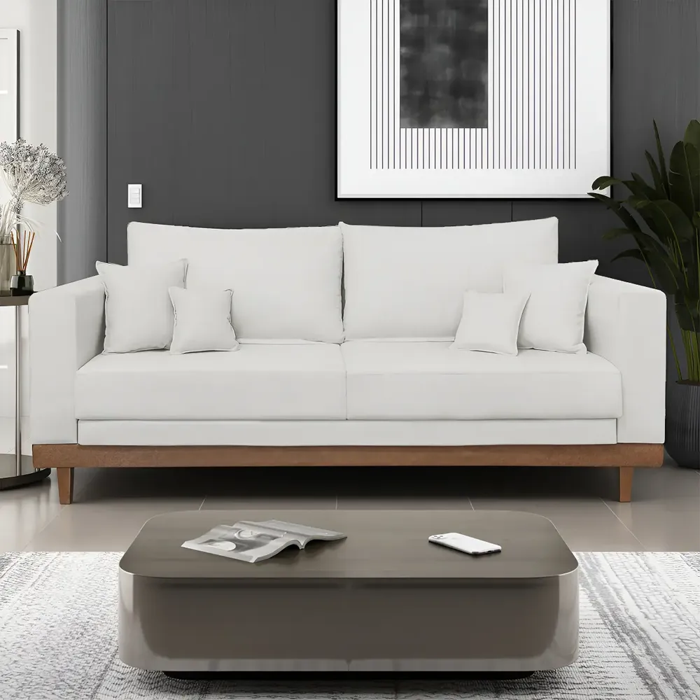 Sofá Living 3 Lugares Linho Reforçado Base Madeira Com Almofadas