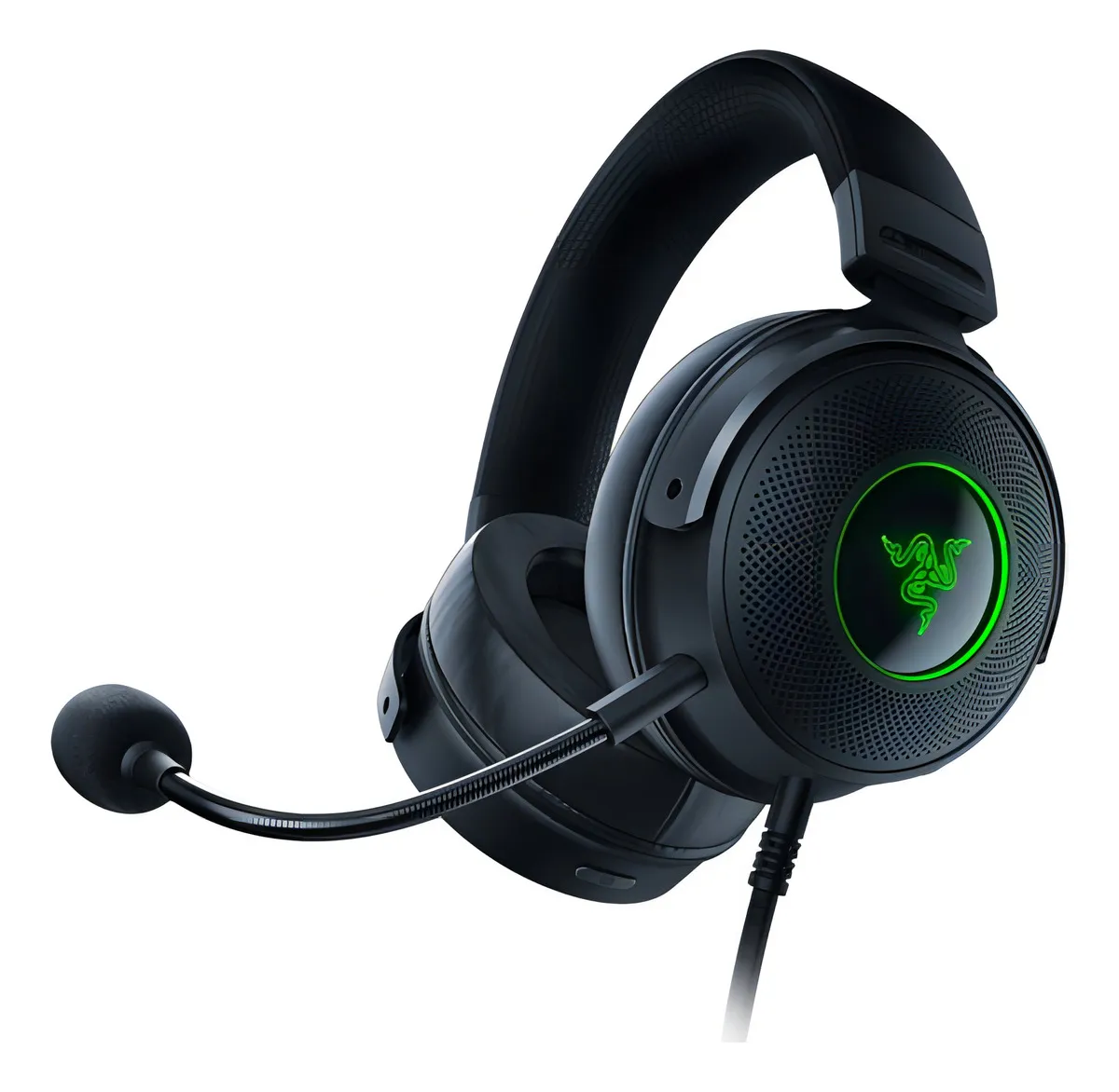 Close-up do headset Razer Kraken V3 X, mostrando o logo com iluminação verde