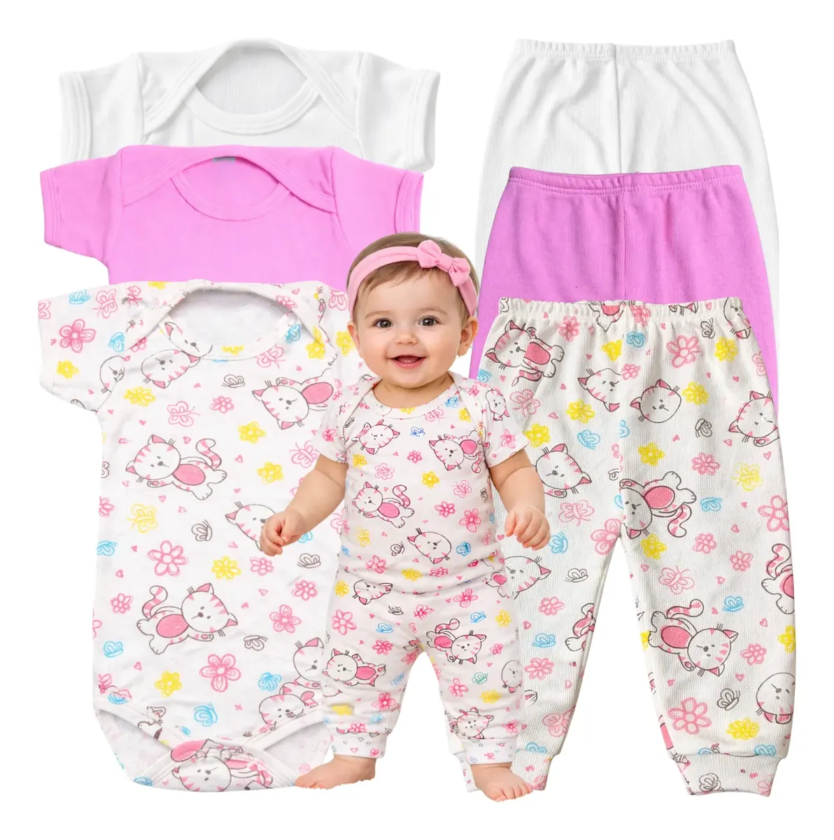 Kit 6 Peças Body Manga Curta e Calça/Mijão de Algodão