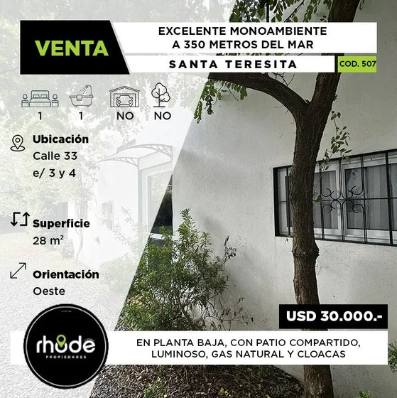 Monoambiente A La Venta En Santa Teresita - Calle 33 E/ 3 Y 4