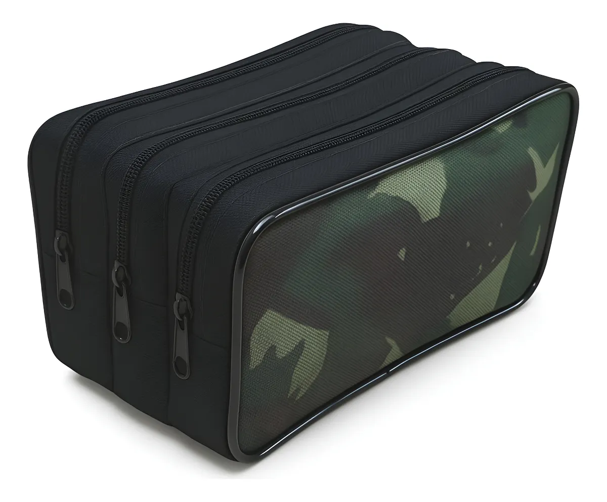 Estojo Escolar Camuflado Triplo Grande Zíper Resistente Preto Camuflado
