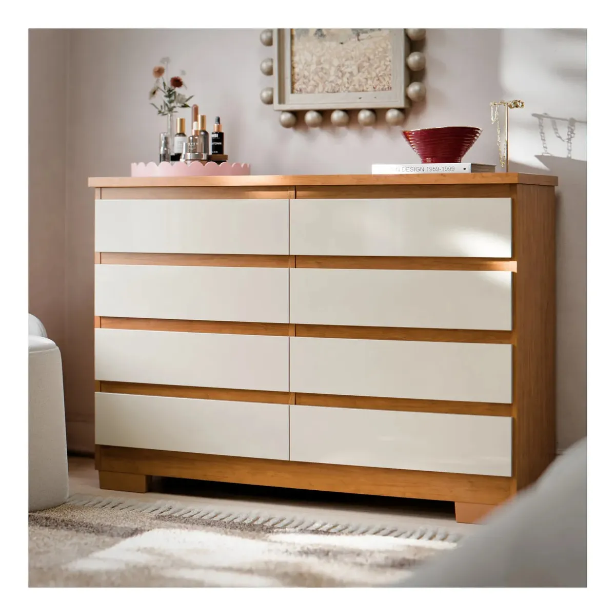 Cômoda 8 Gavetas Para Quarto Grande Com Pés Gaveteiro Organizador De Roupas Grécia Cor Nature Off