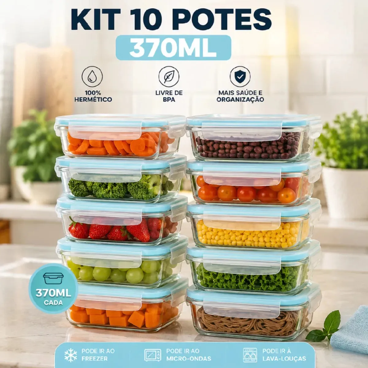 Kit 10 Potes Herméticos Vidro 370ml Marmita Fitness Tampa 4 Travas Anti Vazamento Forno Refratário Micro-ondas Airfryer Hxrd