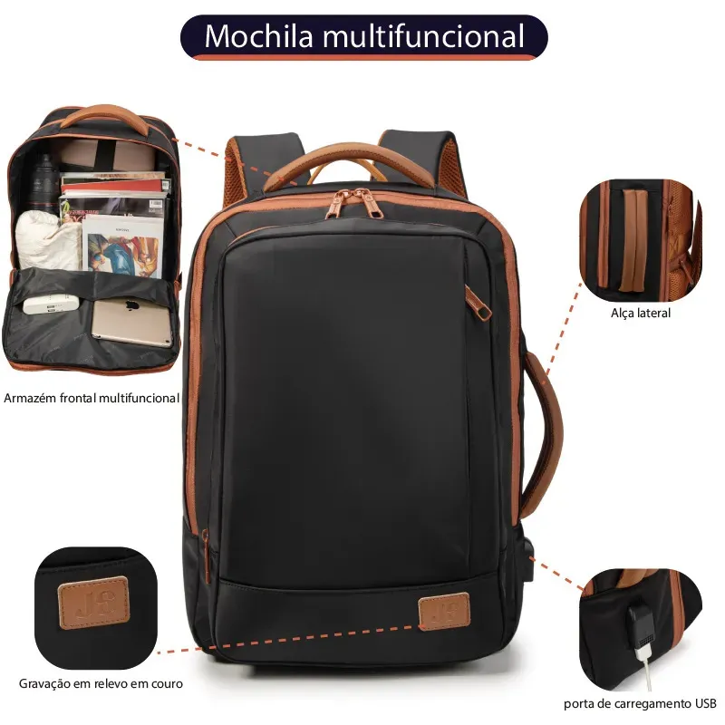 Mochila, impermeável, reforçada, com capacidade para laptop, ampliação de 25 a 40 L, adequada para homens e mulheres, ideal para viagens e deslocamentos diários, com porta USB (preto)