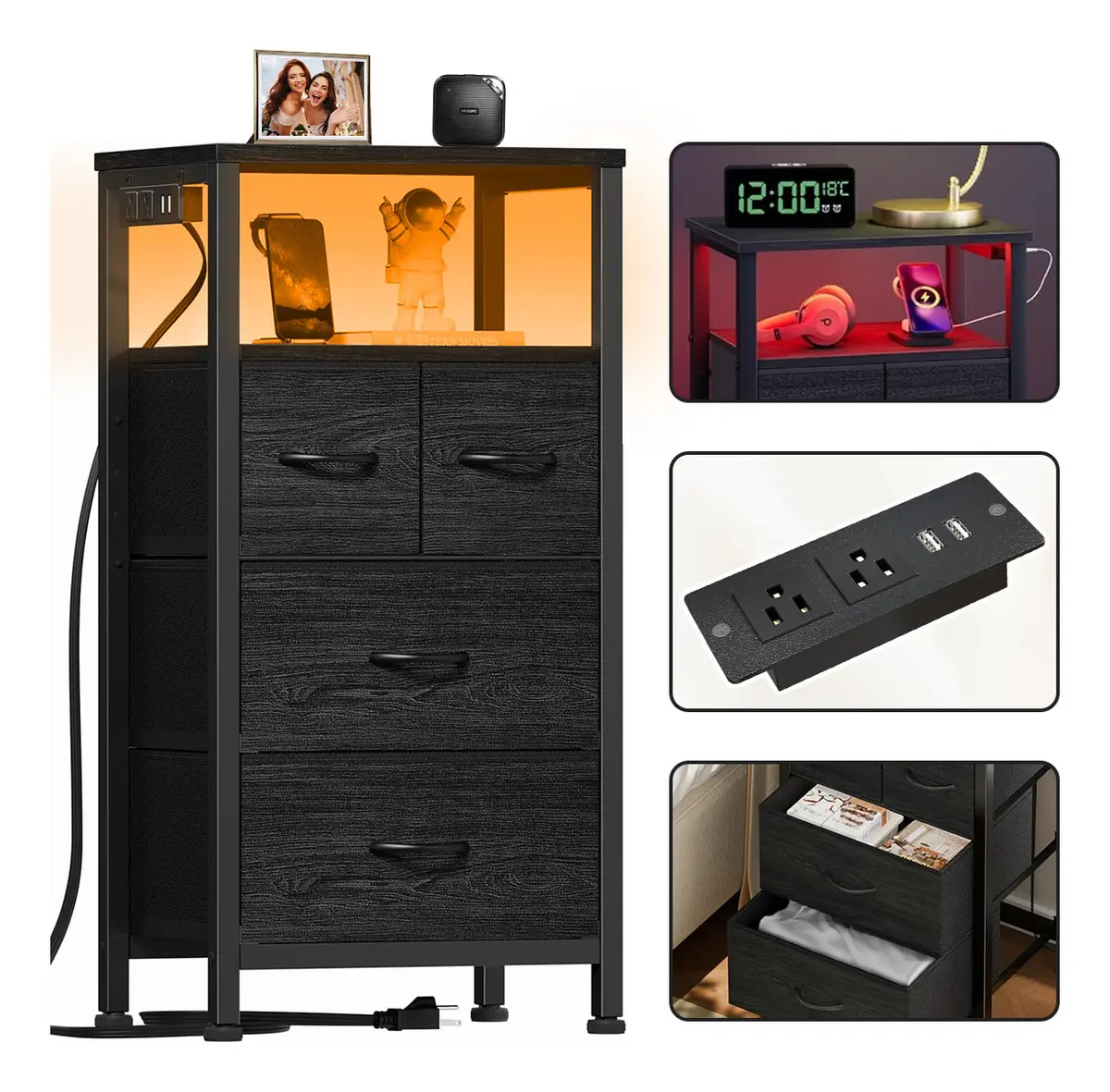 Buro Mesita de Noche Negro con Luz LED RGB y Estación de Carga USB