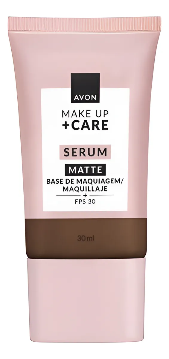 Base sérum Avon Tratamake Makeup Care Hidramatte Fps 30 30ml em embalagem branca com tampa preta,Vista lateral da base sérum mostrando a embalagem e a tampa,Detalhe da tampa e do bico da base sérum