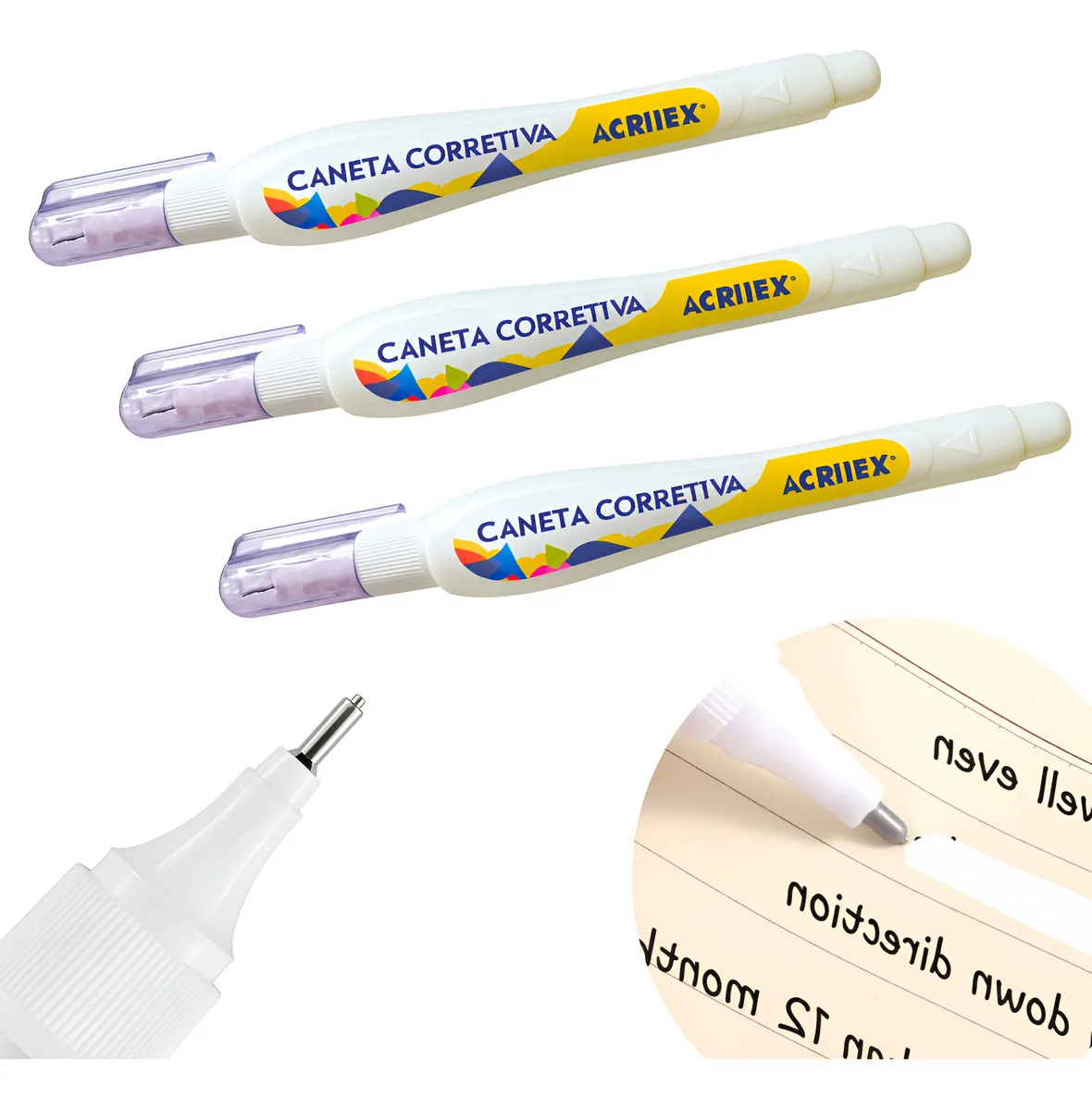 Kit 3 Canetas Corretivas Escolar Escritório Branquinho 3ml