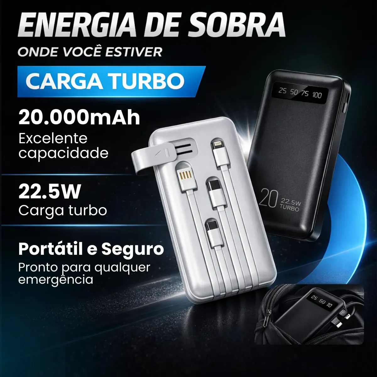 Power Bank 20000mah Carregador Portátil Turbo Rápido 22.5w Display Digital Preto