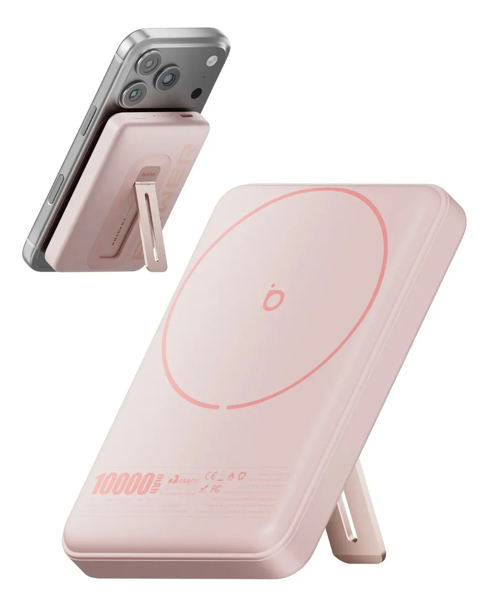 Carregador Portátil Basike 10000mAh com Indução Magnética e Carga Rápida 22.5W para iPhone e Android Rosa