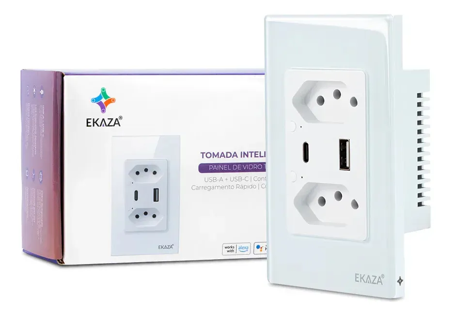 Tomada Inteligente Wifi Dupla Usb Usbc Dupla Vidro Temperado 10a 3 Pinos Smart Alexa Tuya Smart Life Google 110v 220v Bivolt Branca Ekaza