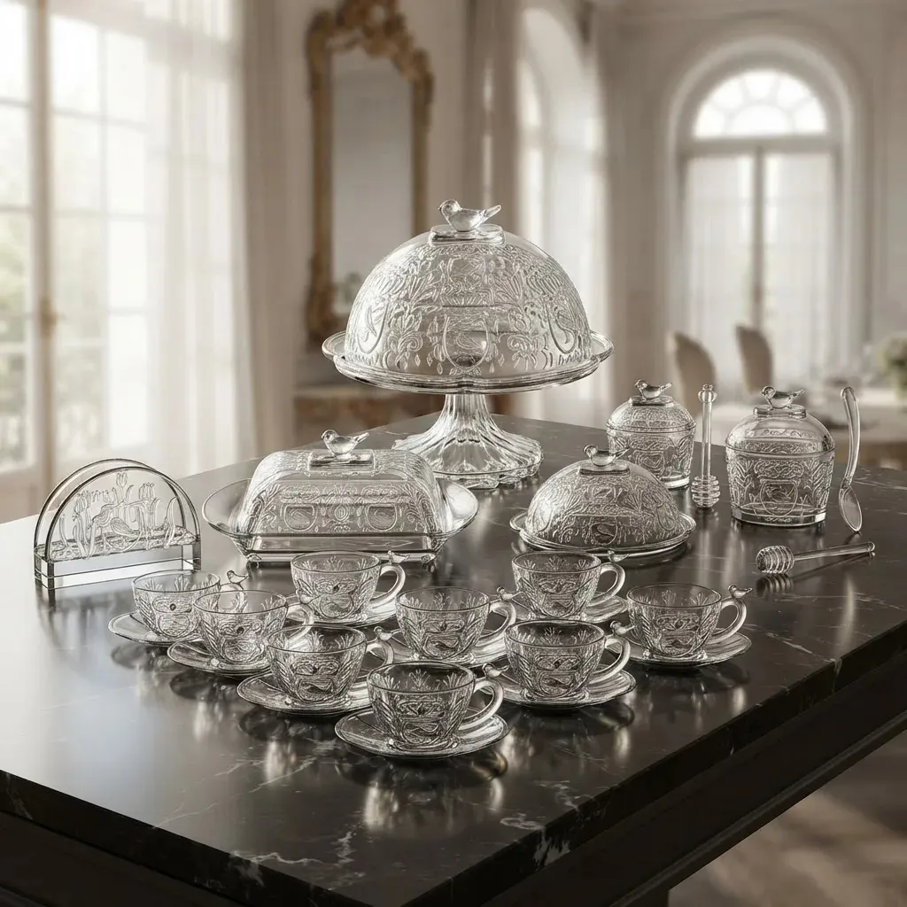 Aparelho da L'hermitage Linha Canary Em Cristal Com 18 Pçs Mesa Posta Cafe Chá Da Manhã Tarde Luxo