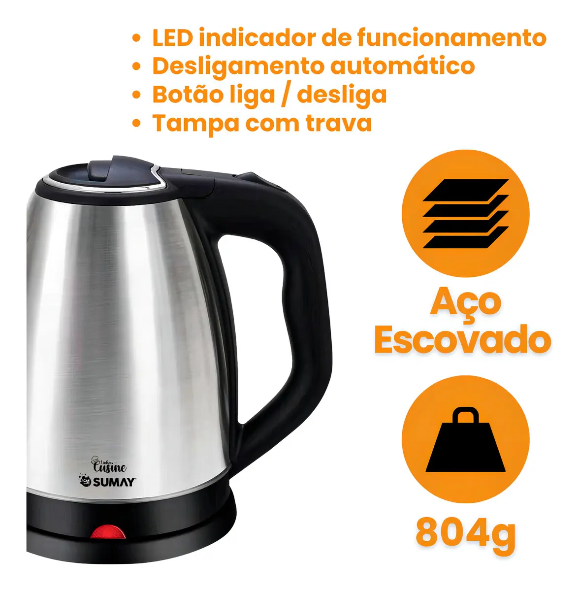 Detalhes das funcionalidades da chaleira Sumay incluindo LED, desligamento automático e tampa com trava