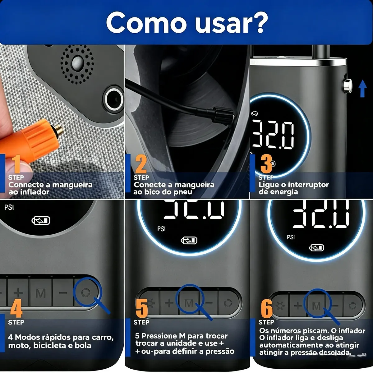Mini Compressor de Ar Portátil Digital Sem Fio para Pneus e Infláveis — imagem 6
