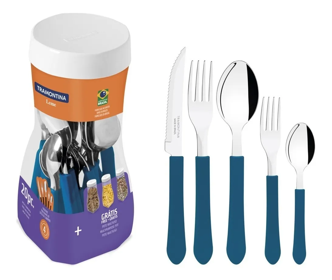 Jogo De Talheres Tramontina Leme 20 Pçs Aço Inox Azul