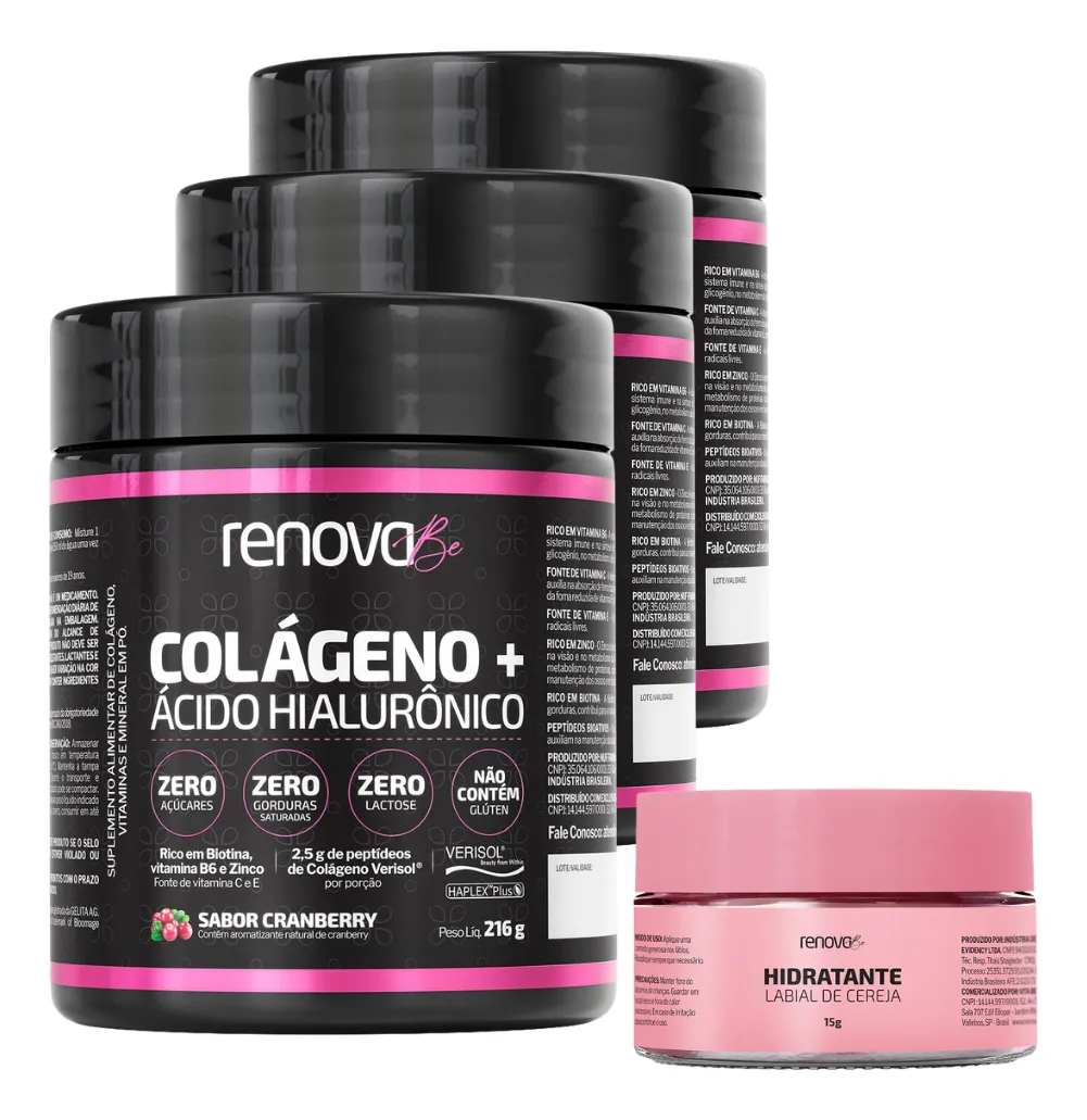 Kit 3x Colágeno Renova Be Verisol Ácido Hialurônico Biotina Cranberry