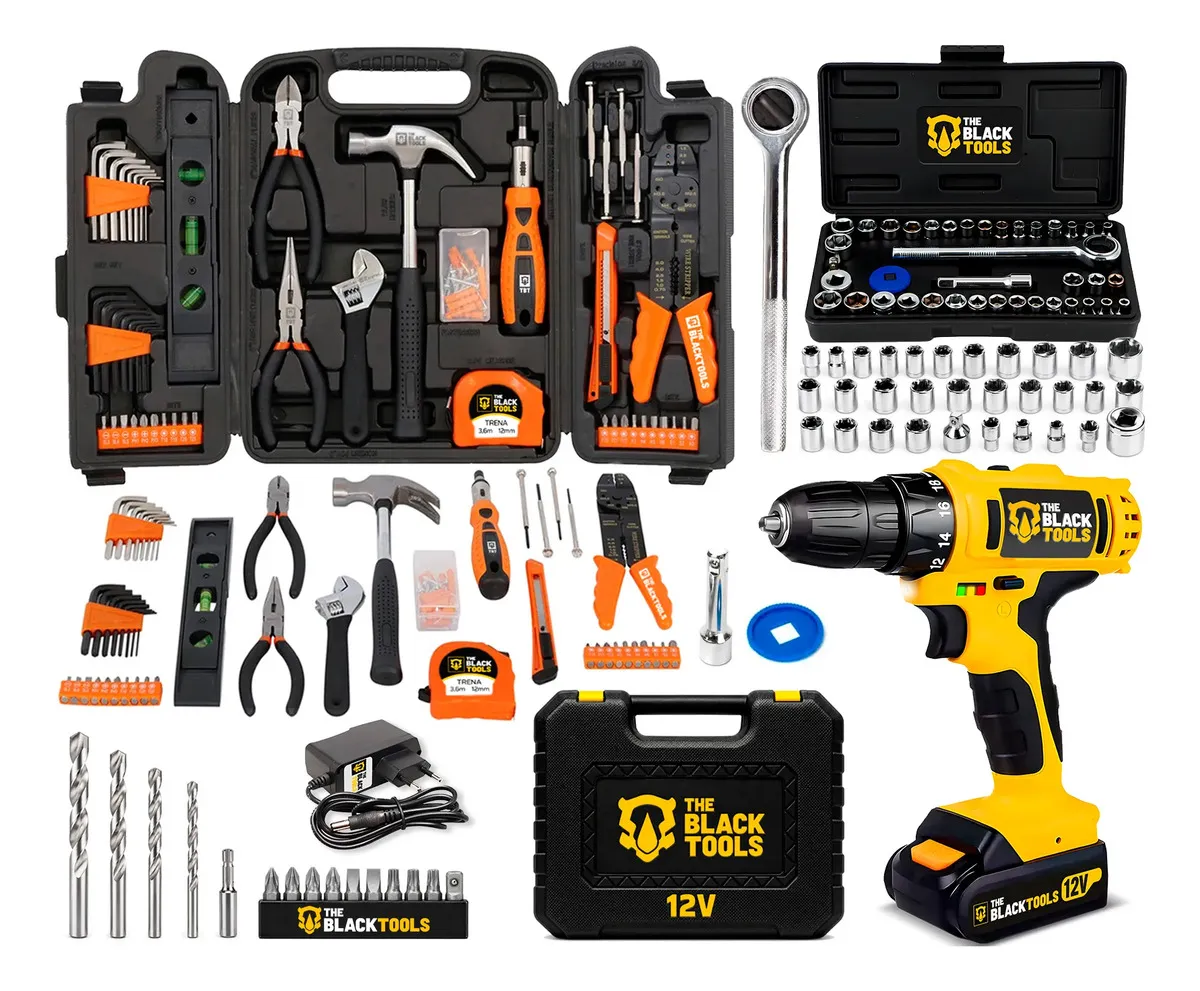 Kit Parafusadeira e Furadeira 12V com Jogo 169 Peças The Black Tools