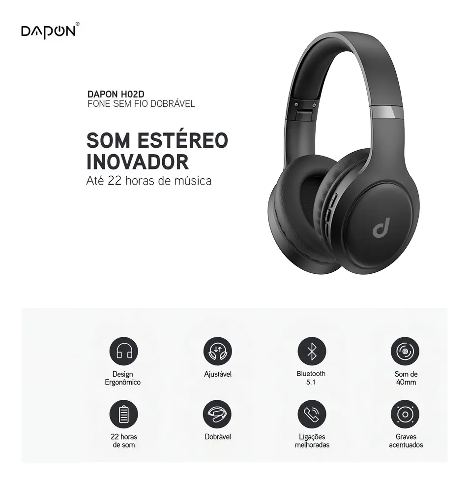 Fone De Ouvido Headphone Dapon H02d Bluetooth 5.1 Over-ear 22h Preto