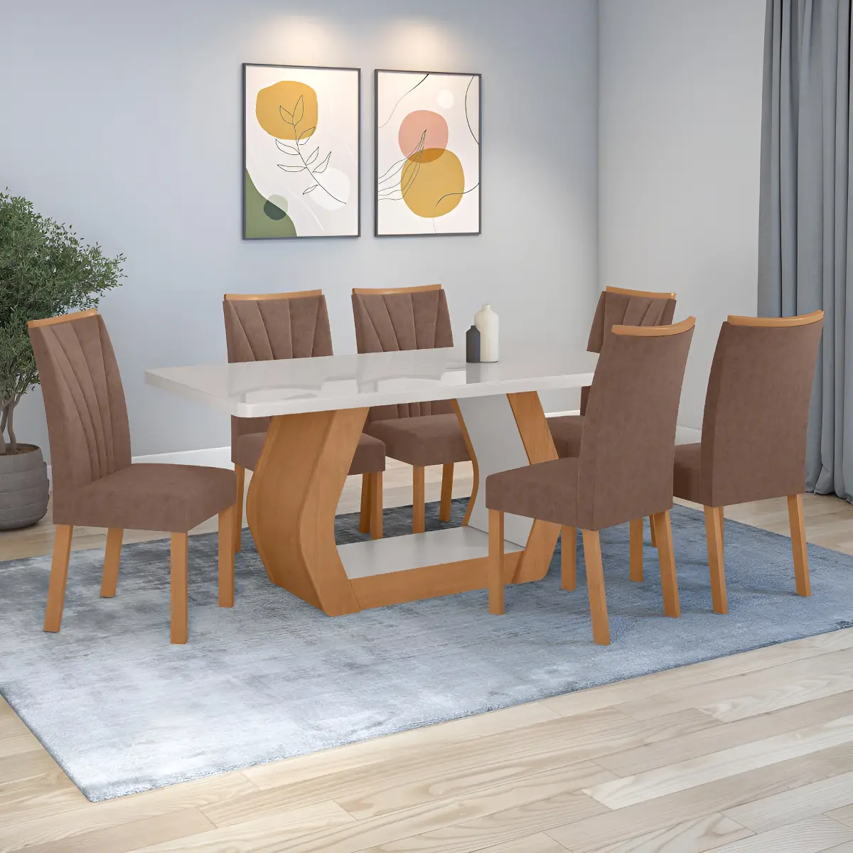 Conjunto Sala de Jantar Easy Tower 6 Cadeiras Couro Morano Avelã