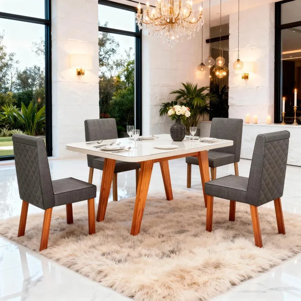 Sala De Jantar 130x90 Mavie Vidro Off 4 Cadeiras Bom Pastor Off-white Naturale Linho Chumbo