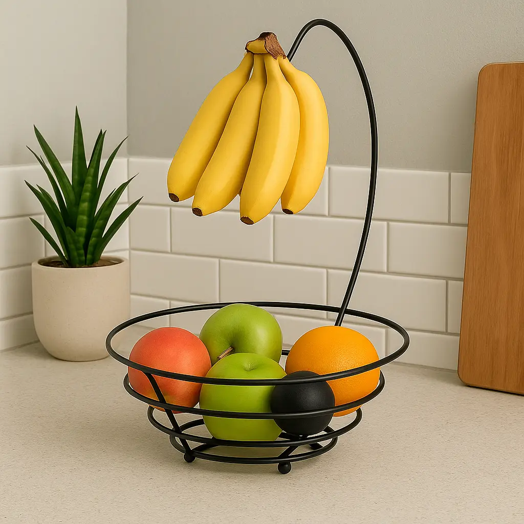 Fruteira Aramada de Metal com Suporte para Penca de Banana e Base de Madeira