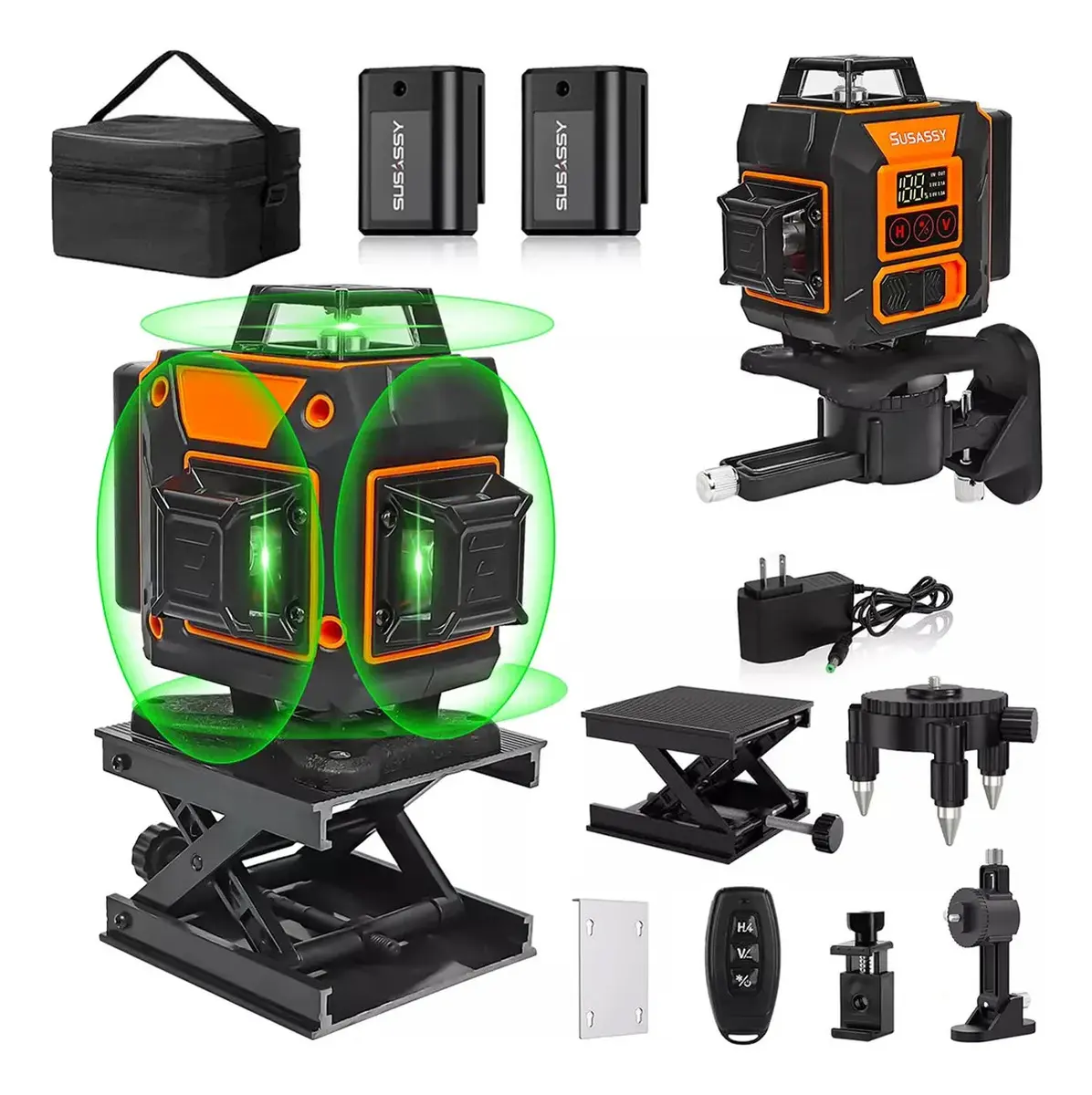 Nivel Láser Autonivelante 4x360°, 16 Líneas Nivelador Laser De 4D Horizontales Verticales Verde Cruzada 360° con 2 Baterías Y Control Remoto,Base de Elevación y Bolsa Portátil