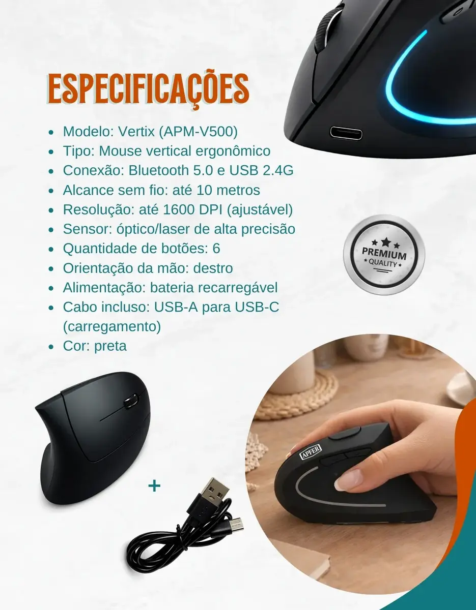 Mouse Vertical Ergonômico Sem Fio Recarregável Bluetooth e USB 2.4G – RGB, Silencioso, DPI Ajustável, Reduz Tensão no Pulso, Portátil e Confortável – Compatível com Notebook, PC, Windows e Mac - Apfer