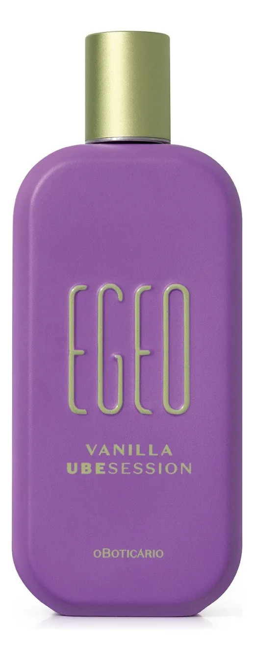 Frasco de perfume Egeo Vanilla Ubesession de O Boticário na cor roxa com tampa verde-oliva, exibindo o nome do produto em destaque no centro.