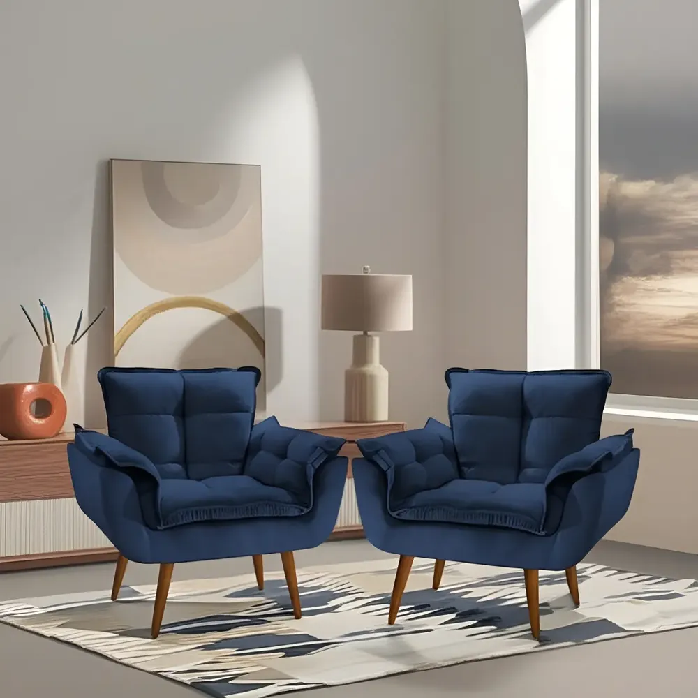 Kit 2 Poltrona Decorativa Opala Para Sala Recepção Luxo Cor Azul-marinho