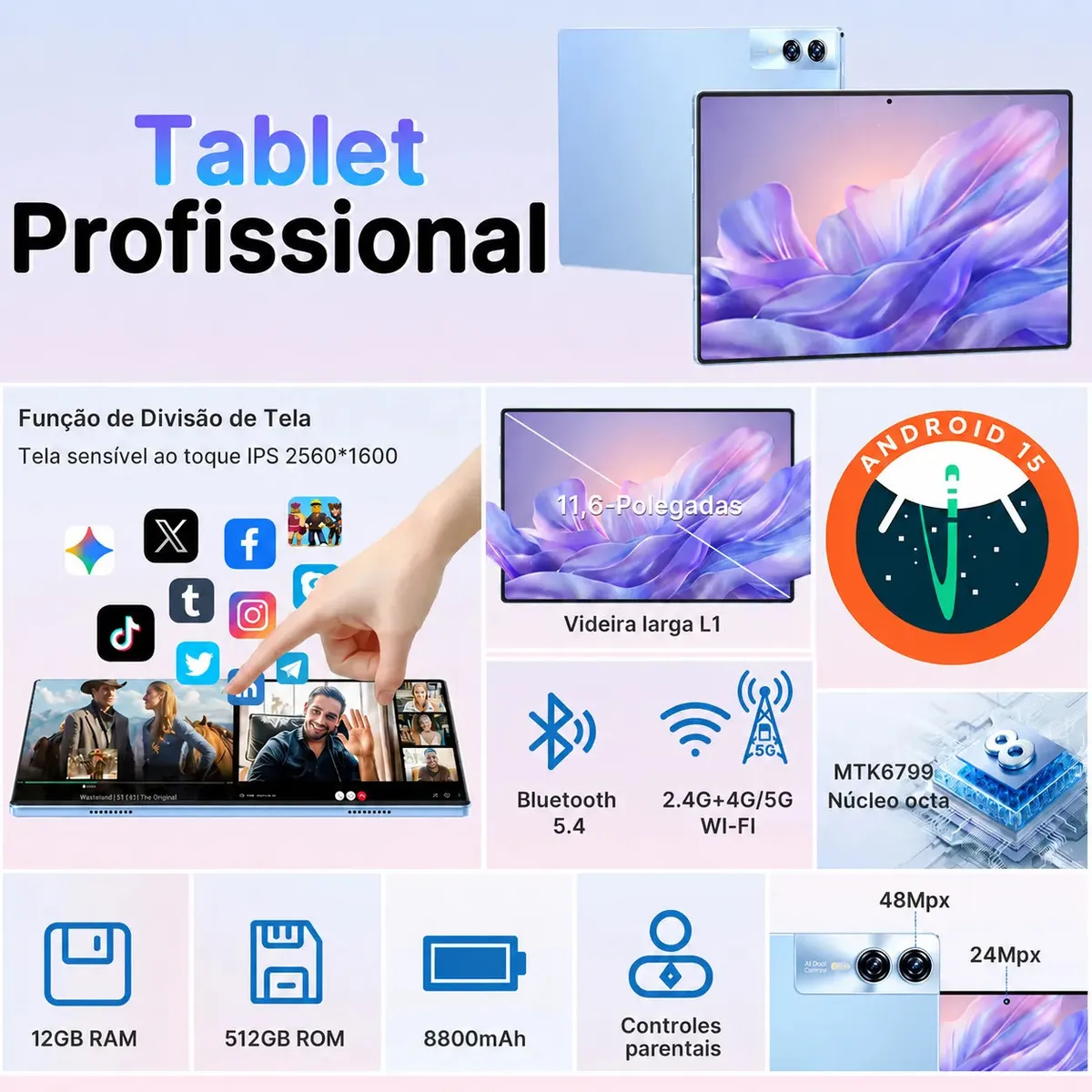 Tablet Hancdon S12 Android 15 12GB RAM 512GB Memória 11,6" Dual SIM Wi-Fi Kit Completo Com Teclado Mouse e Caneta Cor Cinza