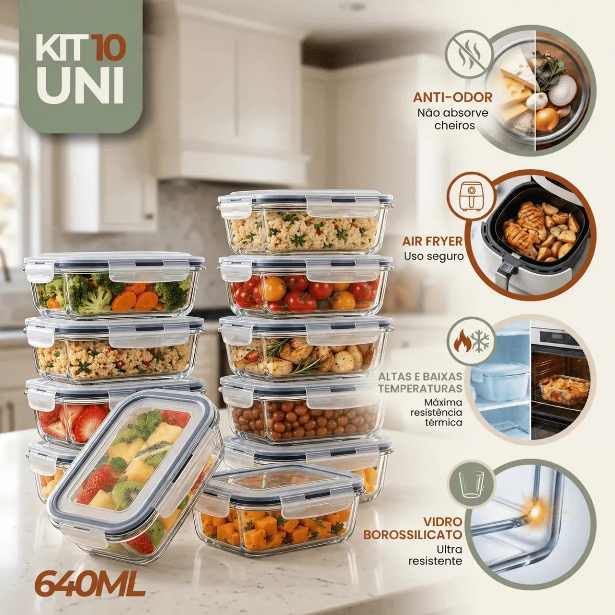 Kit 10 Potes Vidro Hermetico Vai Ao Forno Microondas 640ml Marmita Hermético Freezer Fitness Rishon