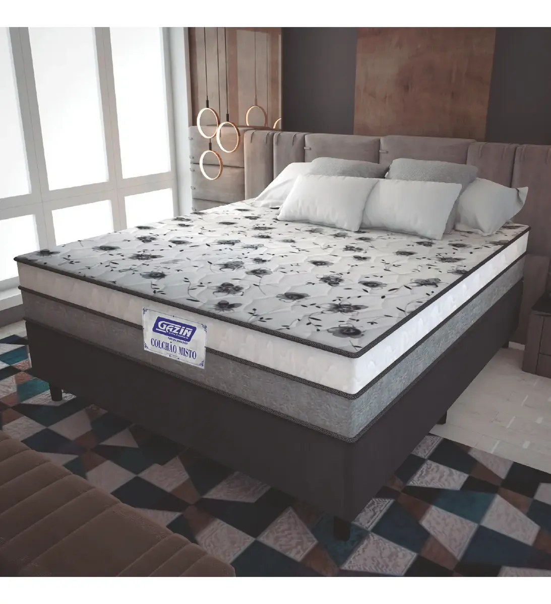 Cama box completa com colchão, travesseiros e decoração de quarto em ambiente