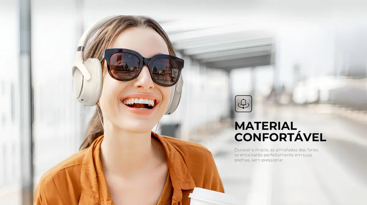 Mulher sorrindo usando o Headphone Havit H630BT em ambiente externo demonstrando conforto