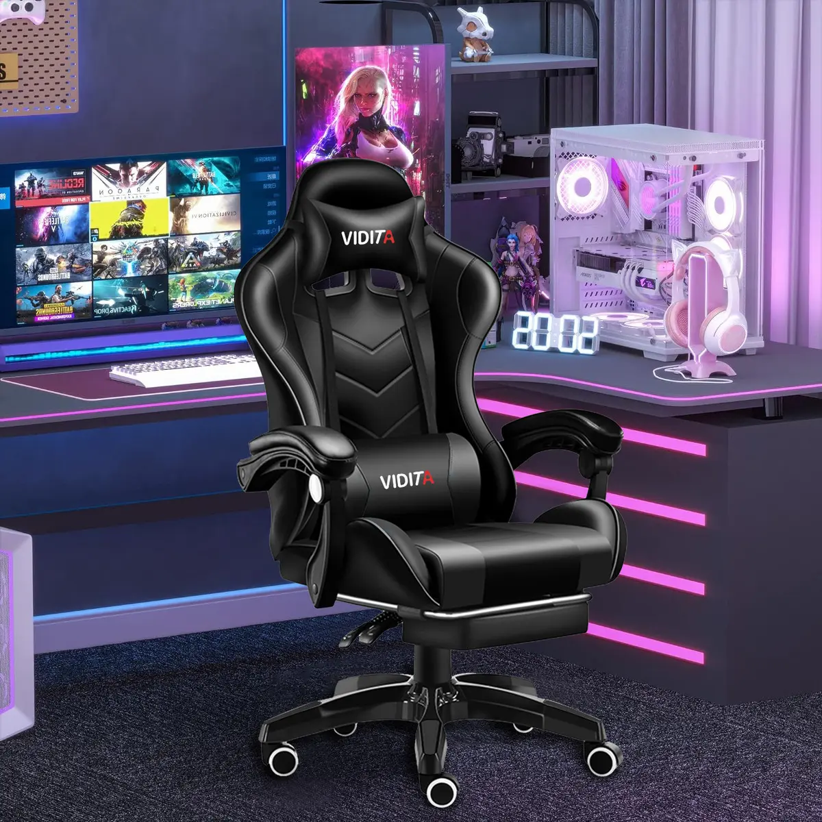 Silla Gamer Vidita Gx2000 Ergonómica Presidencial Reclinable Negra Con Reposapiés Videojuego Pc Profesional Negro Cuero Sintético