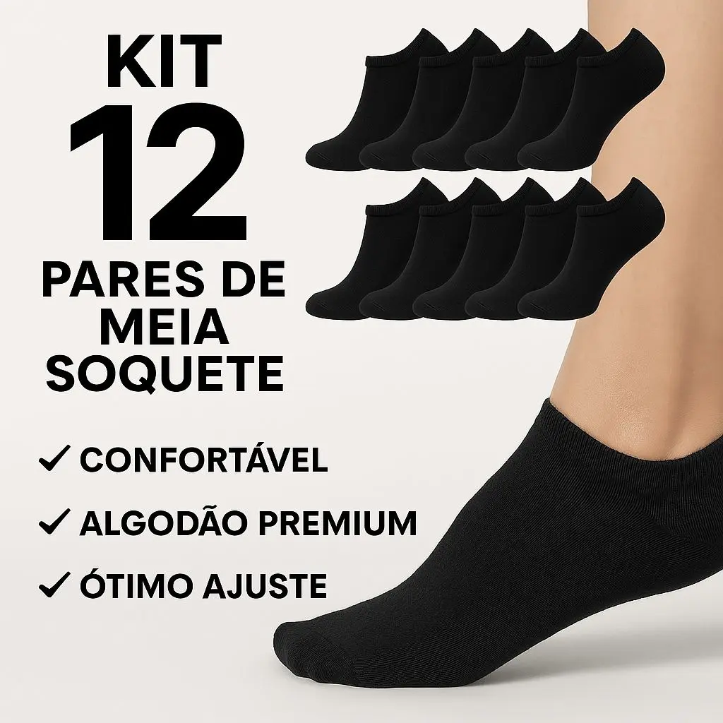 Kit 12 Pares Meia Soquete Cano Curto Preto 38 Ao 44
