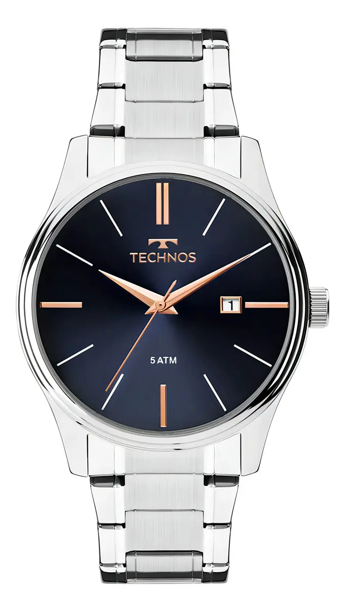 Relógio Technos Classic Masculino de Aço Inoxidável Prata com Fundo Azul