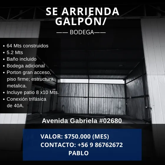 Se Arrienda Galpón / Bodega Con Conexión Trifásica 40a.